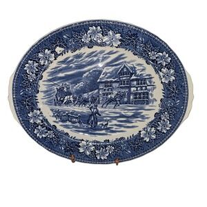 Royal Tudor Ware Coaching Taverns 1828 Blue White Oval Platter W.N. Mellor 12"